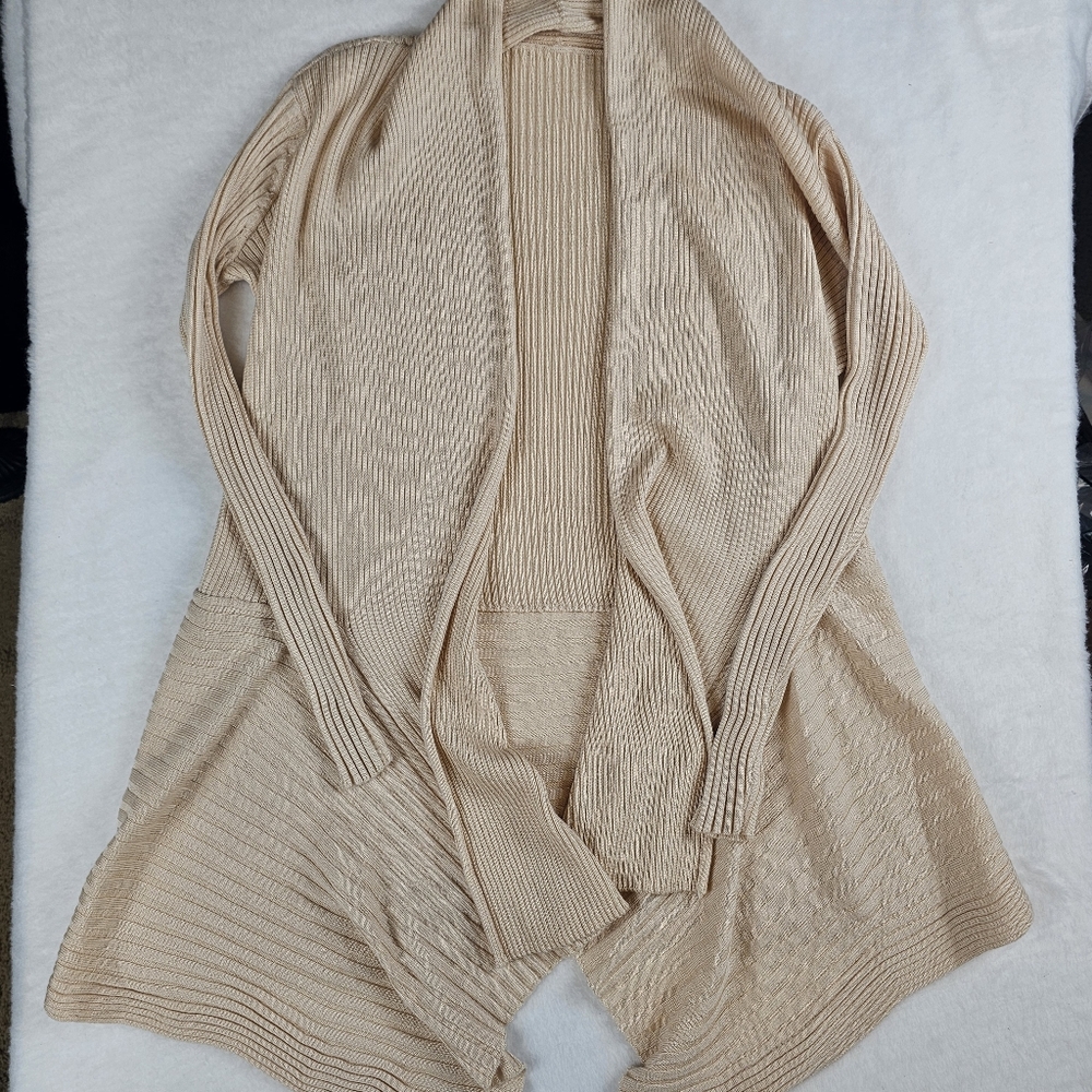 Cream Ribbed Wool Blend Open Front Cardigan Size Small Stretch Drape Mixed Pat